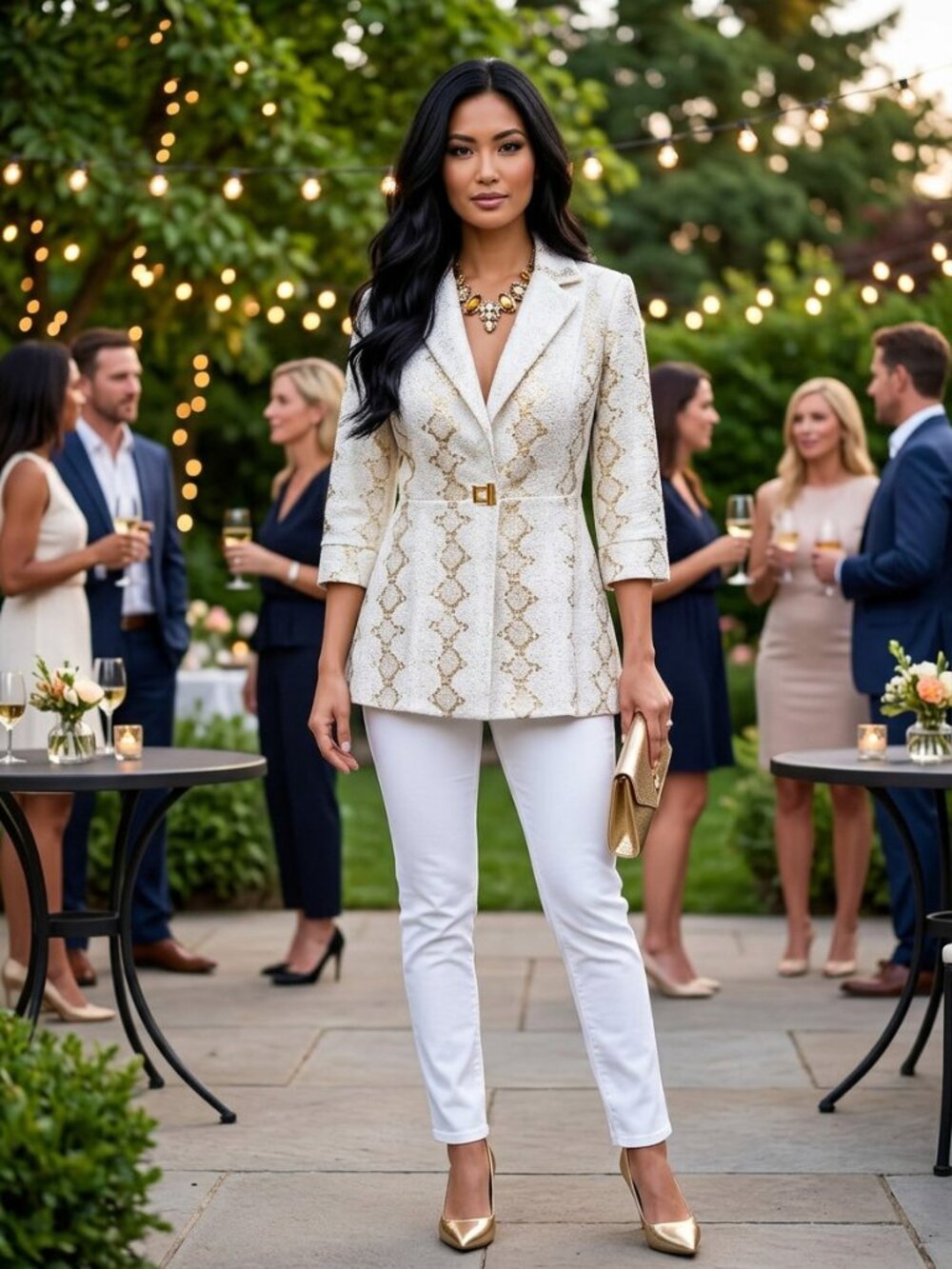 2 items - Frank Lyman Cream Metallic Gold  Print Patterned Blazer + Necklace